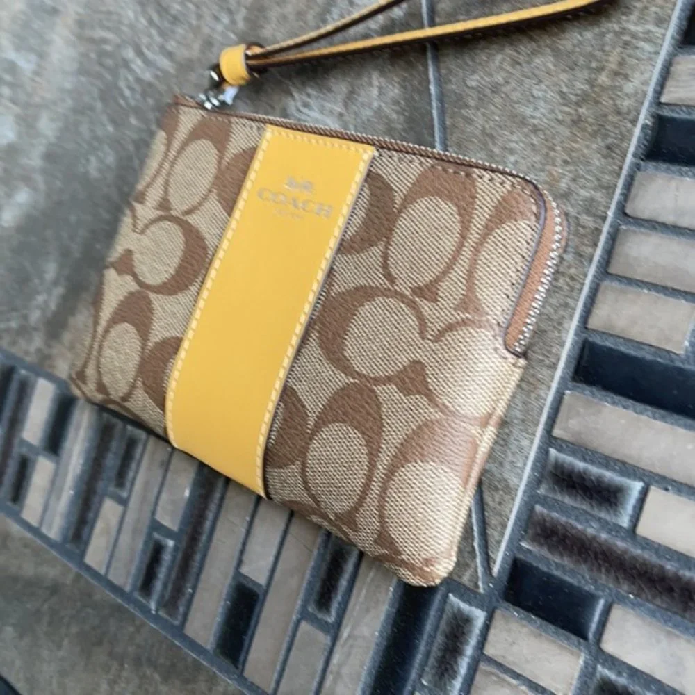 COACH Signature PVC Leather Corner Zip Wristlet